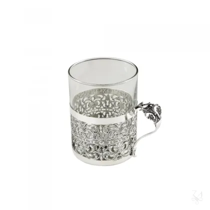 Picture Silver tea glass basket with a handle decorated with a flower - Zaramella Argenti