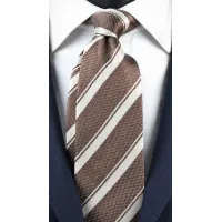 Picture A tie in shades of brown with a linen effect and white, diagonal stripes