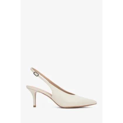 Zdjęcie Estro: Jasnobeżowe skórzane czółenka damskie typu slingback na obcasie