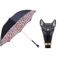Picture Exclusive black women's umbrella with a handle decorated with the head of a black cat - Pasotti