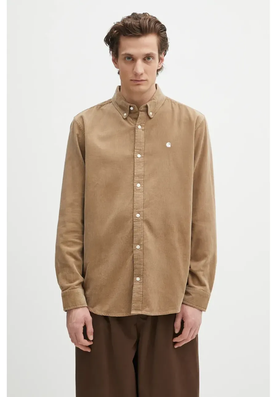 obrazek 1 Carhartt WIP koszula sztruksowa L/S Madison Fine Cord Shirt męska kolor zielony regular z kołnierzykiem button-down I030580.1OYXX