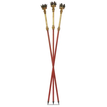 Picture Three antique 18th century gold candlesticks on red processional sticks