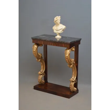 Zdjęcie Wspaniały, regencyjny stolik konsolowy z oszałamiającym marmurowym blatem nad fryzem z drzewa różanego