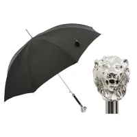 Picture Beautiful, stylish black men's umbrella with a handle in the shape of a silver lion - Pasotti
