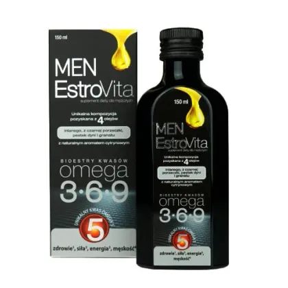 Zdjęcie EstroVita Men, Kwasy omega-3-6-9 z czterech olejów roślinnych, Płyn 150 ml Estrovita