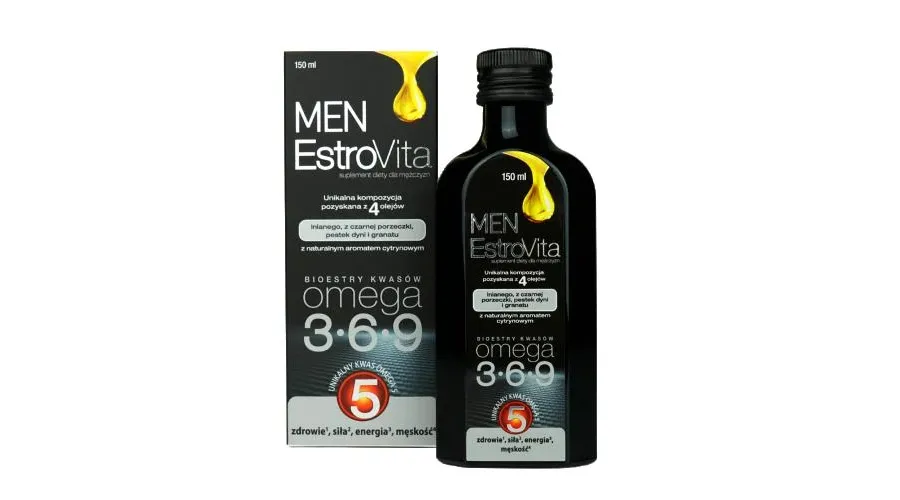 obrazek 1 EstroVita Men, Kwasy omega-3-6-9 z czterech olejów roślinnych, Płyn 150 ml Estrovita
