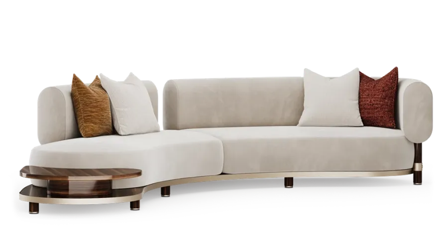 obrazek 4 Wyjątkowa tapicerowana sofa ze zintegrowanym stolikiem bocznym, wykonana z solidnej drewnianej konstrukcji z wyrafinowanymi metalowymi detalami