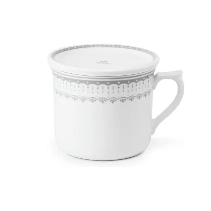 Zdjęcie Elegancki kubek z pokrywką z porcelany z delikatnym szarym zdobieniem – Leander
