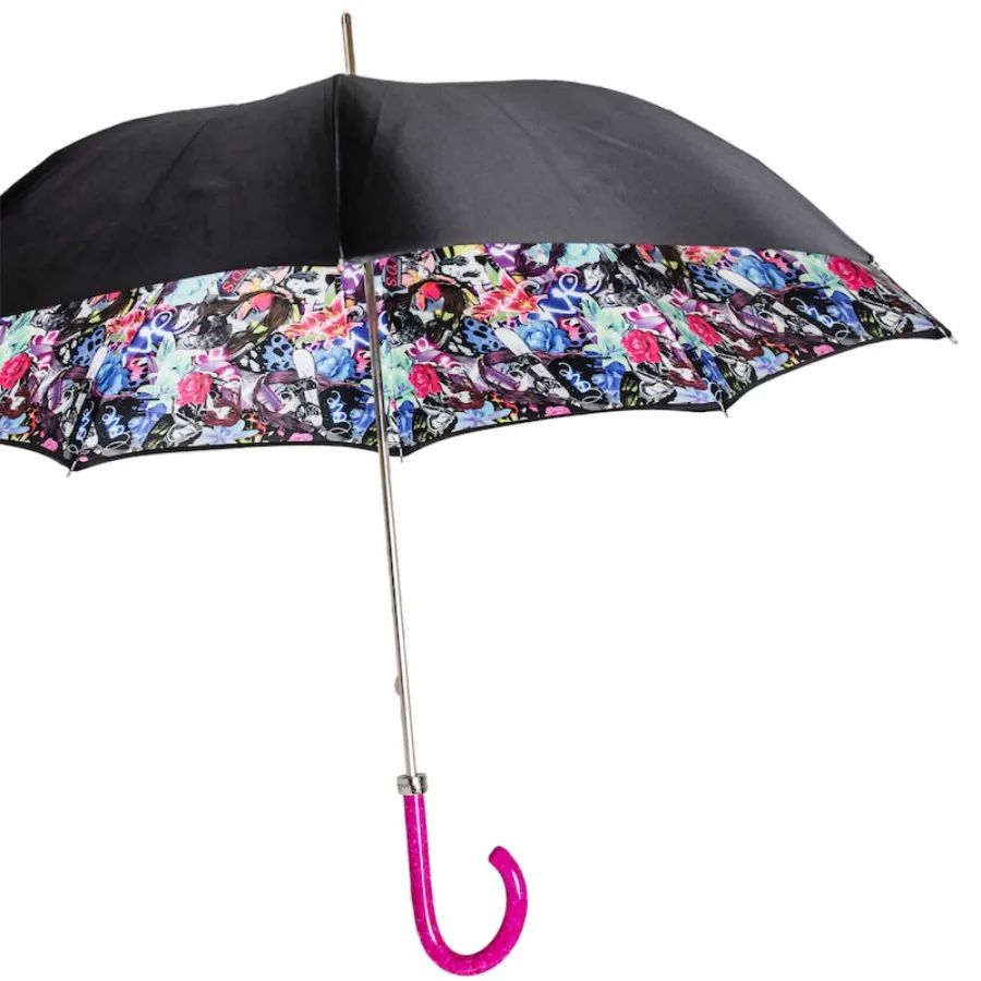 obrazek 7 Stylowy czarny parasol damski w stylu nowoczesnym z różową rączką - Pasotti