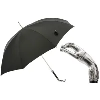 Picture Elegant black men's umbrella with a handle in the shape of a beautiful silver greyhound - Pasotti