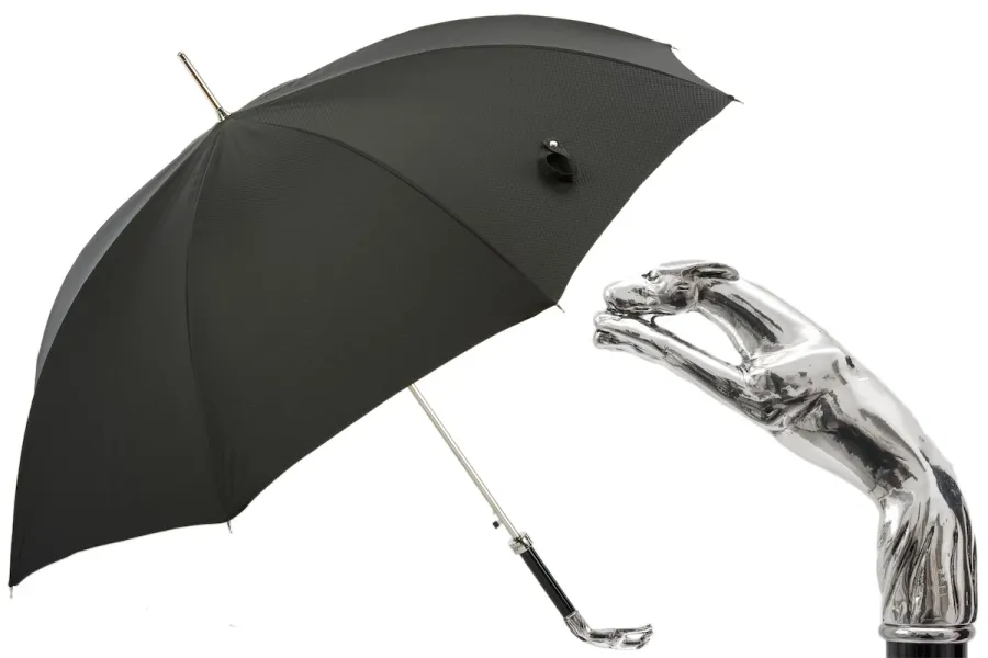 obrazek 1 Elegancki czarny parasol męski z rączką w kształcie pięknego srebrnego charta - Pasotti