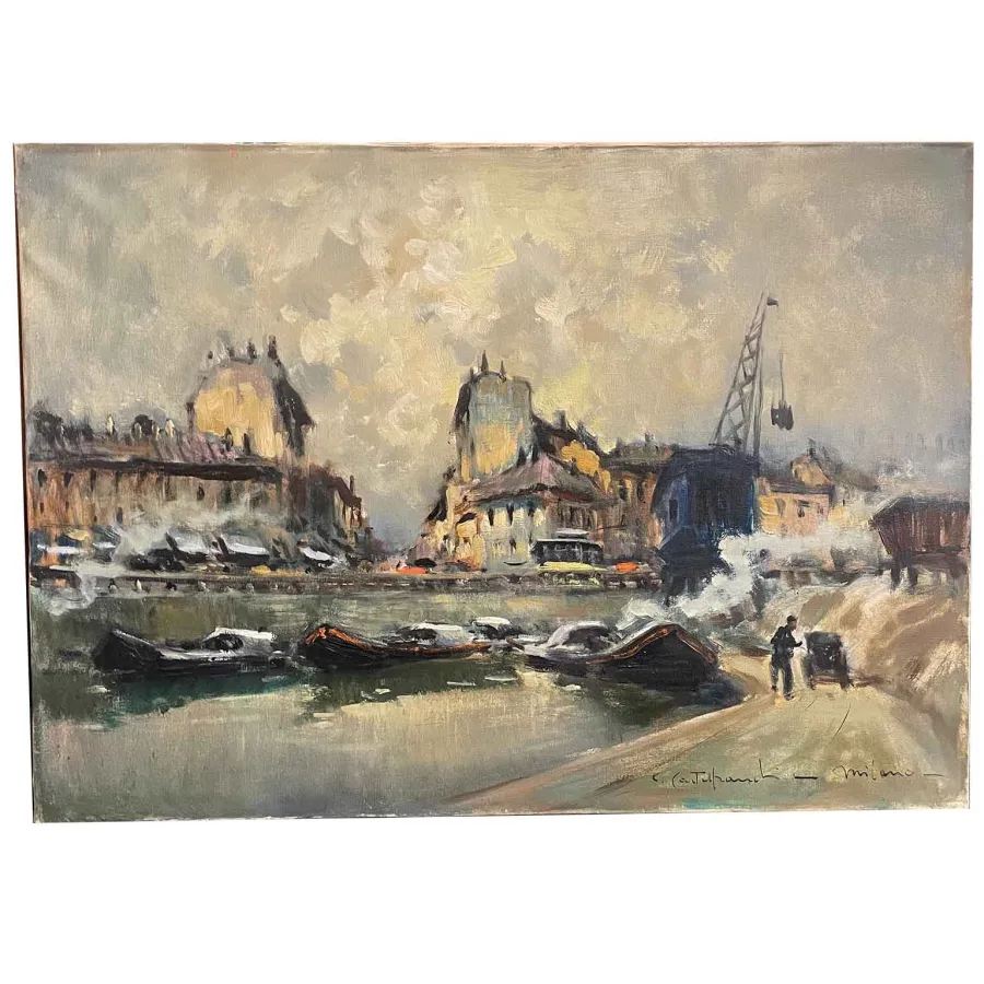obrazek 1 Obraz olejny - widok Mediolanu przedstawiający kanał Ticinese Darsena Navigli z łodziami i budynkami, 1926 rok