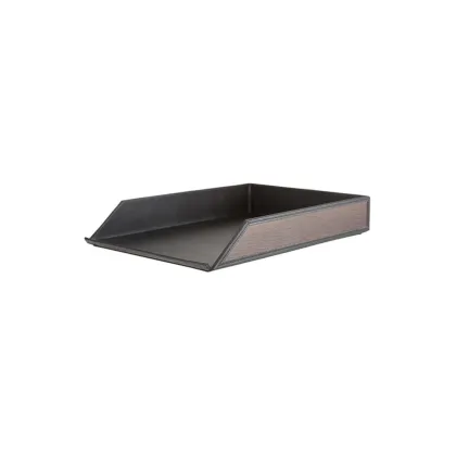 Picture Stylish document tray made of black leather and smoked oak wood