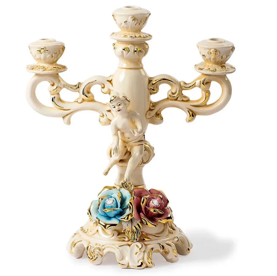 obrazek 1 Elegancki świecznik ceramiczny z różami i cherubinem