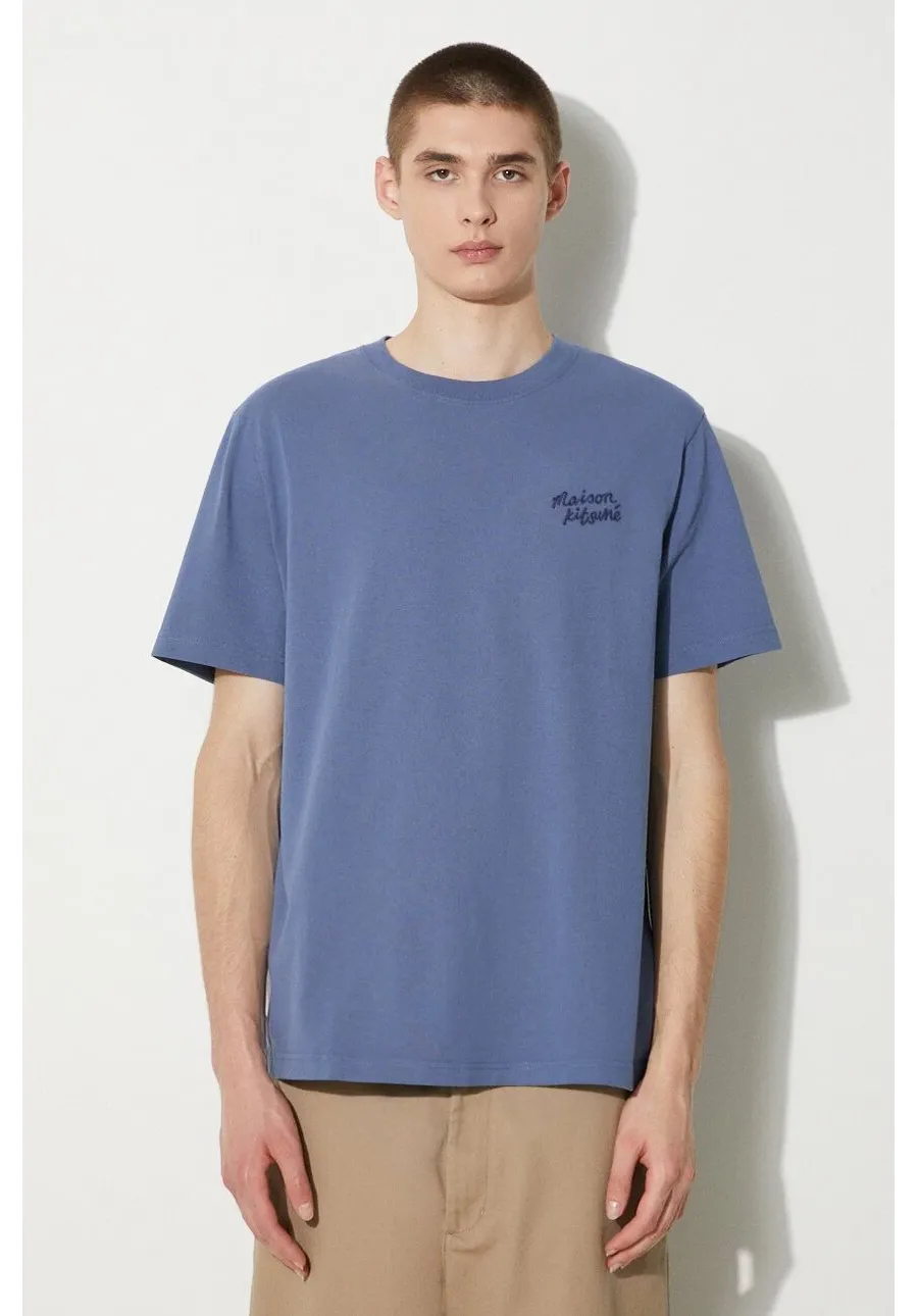 obrazek 1 Maison Kitsuné t-shirt bawełniany Handwriting Comfort Tee Shirt męski kolor niebieski z aplikacją MM00126KJ0118