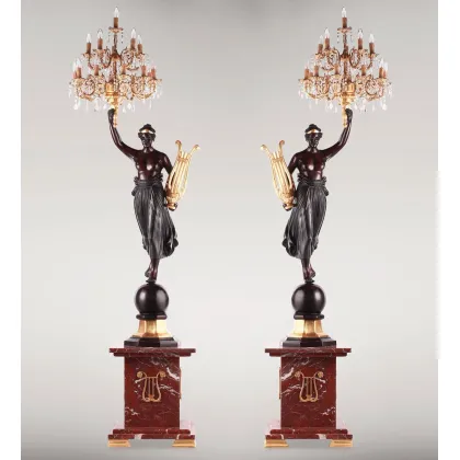 Zdjęcie Stylowe rzeźby z brązu pary Wenus z lirą z oświetleniem 2 sztuki - Fonderia Artistica Ruocco