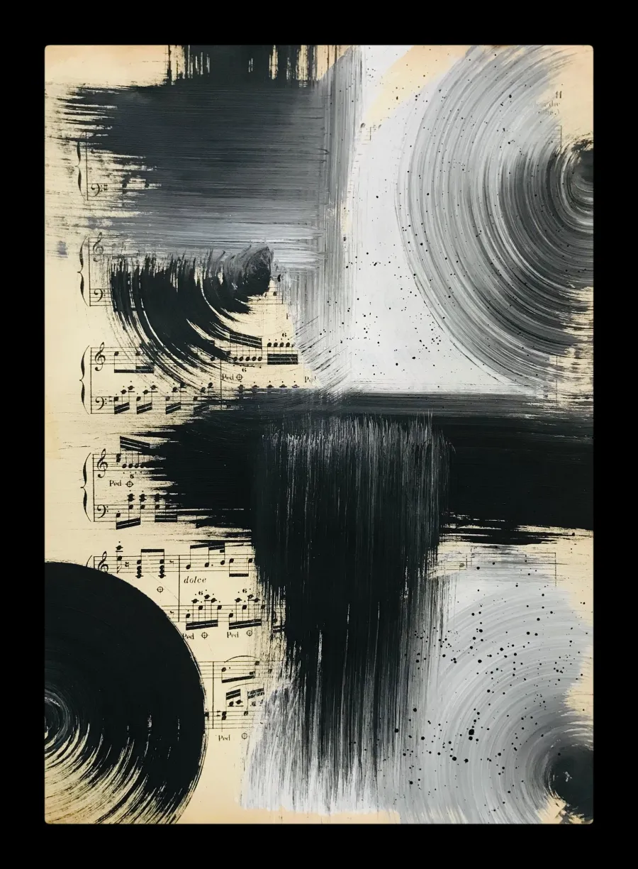 obrazek 1 Black no 14. Akryl na starych, archiwalnych nutach, 34 x 27 cm