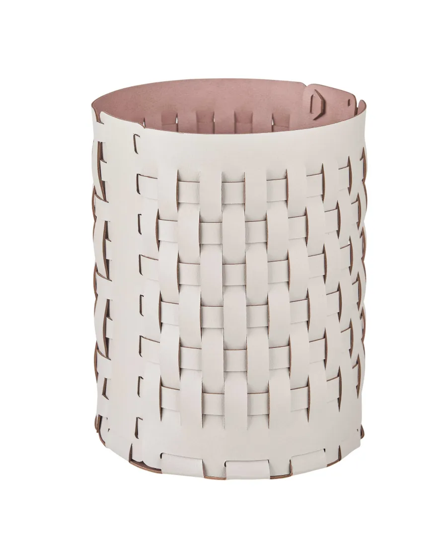 obrazek 1 Piękny skórzany kosz Bottega Ø20xH25 cm w kolorze perłowym