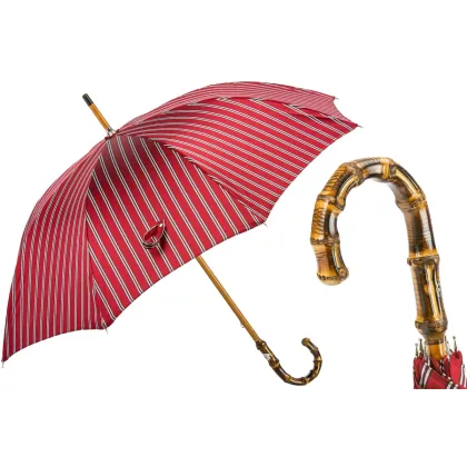 Picture A unique red men's umbrella with vertical stripes with a bamboo handle - Pasotti