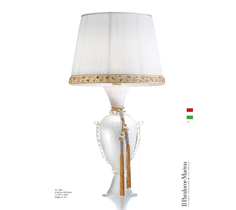 obrazek 1 Lampa stołowa ze szkła Murano w kolorze białym i złotym z ręcznie robionym kloszem – Il Paralume Marina