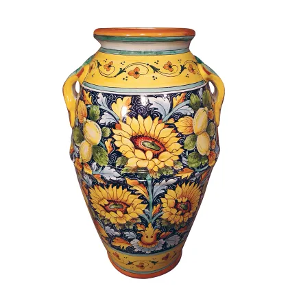 Picture Italian ceramic vase with unique decoration with sunflowers
