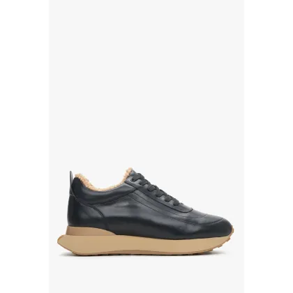 Zdjęcie Estro: Czarno-beżowe sneakersy damskie na zimę ze skóry naturalnej z futrzanym wsadem