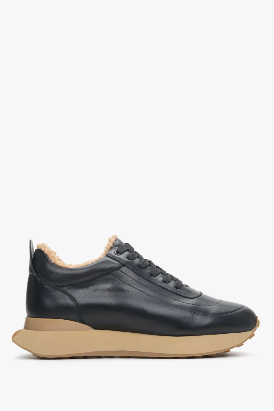 obrazek 1 Estro: Czarno-beżowe sneakersy damskie na zimę ze skóry naturalnej z futrzanym wsadem