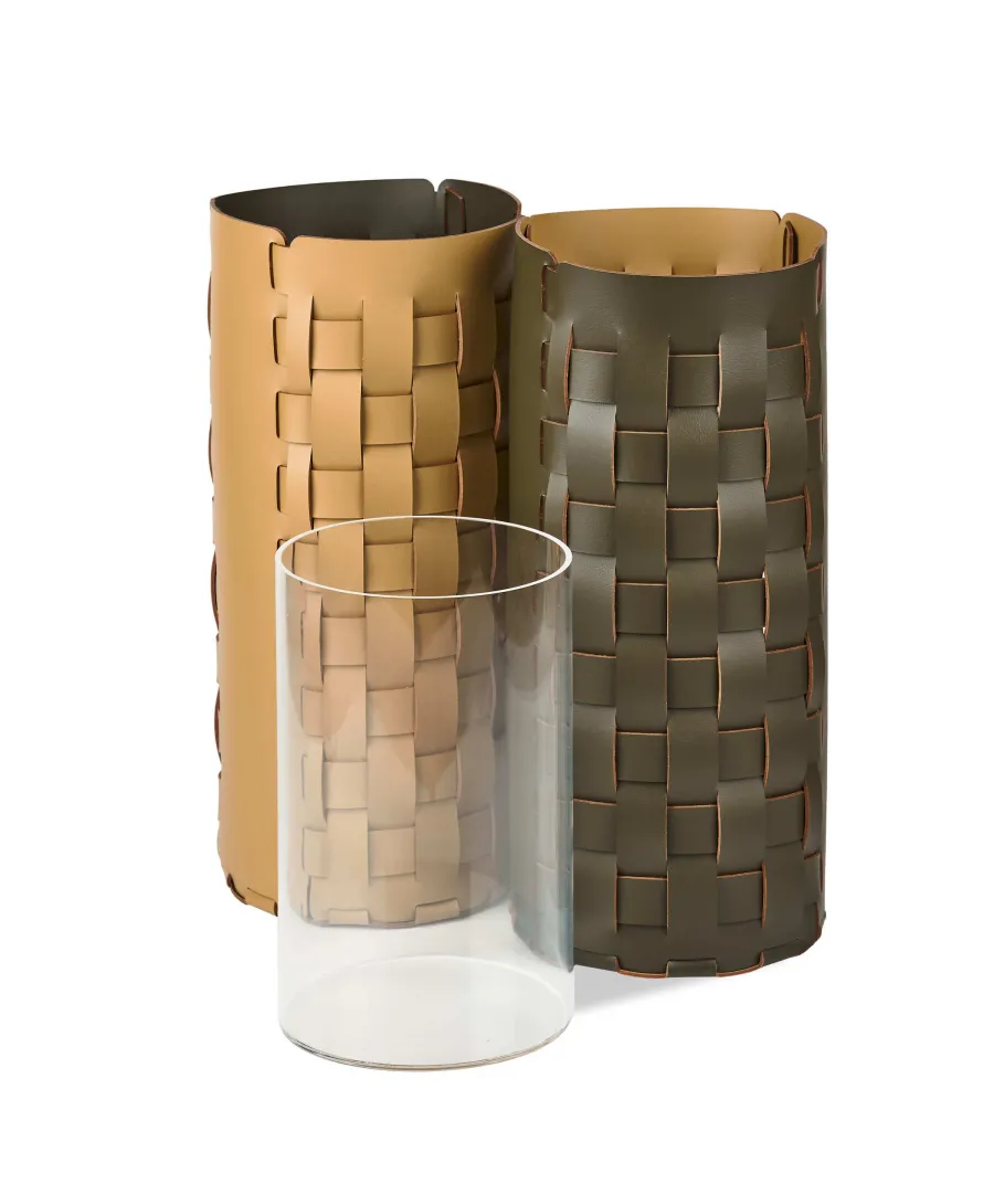 obrazek 2 Pleciony skórzany kosz na parasole Bottega Ø22xH51 cm w kolorze musztardowym