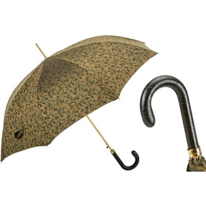 Picture Unique men's umbrella in a brown-green camouflage pattern with a leather handle – Pasotti
