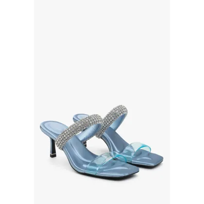 Zdjęcie Estro: Niebieskie skórzane klapki damskie na obcasie z cyrkoniami