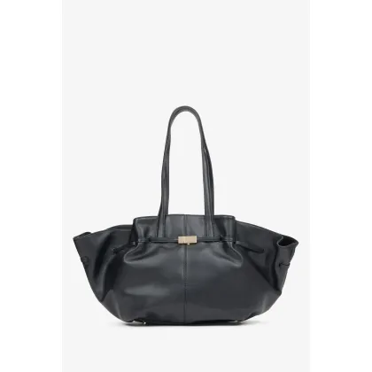 Zdjęcie Estro: Czarna torba na ramię z długimi rączkami ze skóry naturalnej