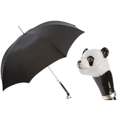 Picture Original black men's umbrella with a handle in the shape of a panda's head - Pasotti