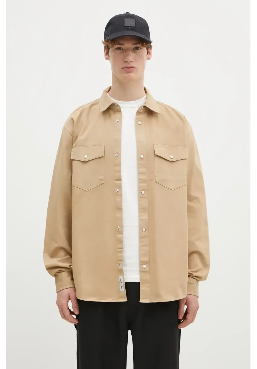 obrazek 1 Carhartt WIP koszula bawełniana Longsleeve Santa Fe Shirt męska kolor beżowy relaxed z kołnierzykiem klasycznym I034384.07EGD