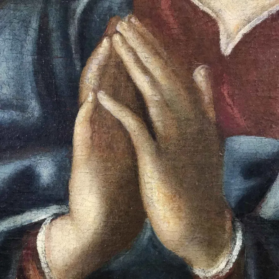 obrazek 5 Antyczny obraz - Madonna w postawie modlitwy przedstawiona w fioletowej sukience i niebieskim płaszczu