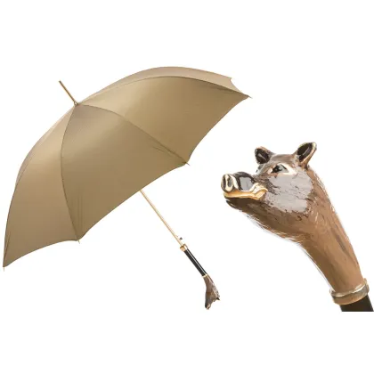 Picture Original beige men's umbrella with a handle in the shape of a boar's head - Pasotti