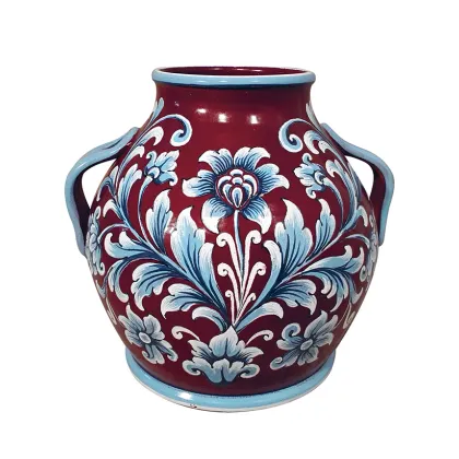 Picture Italian ceramic vase with a beautiful ornament on red glaze