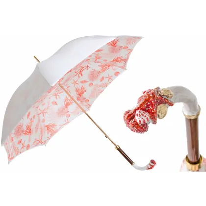 Zdjęcie Piękny biały parasol damski zdobiony subtelnym morskim motywem z rączką zdobioną rozgwiazdą – Pasotti