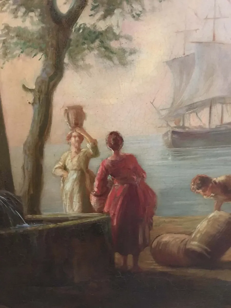 obrazek 6 Zjawiskowy obraz na płótnie z krajobrazem i postaciami 90x110 cm - Angelo Granati