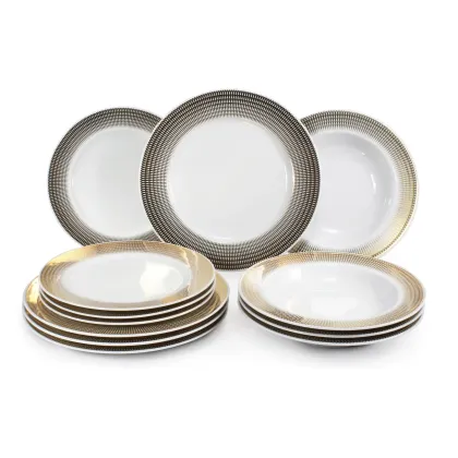 Zdjęcie Nowoczesny 12-elementowy zestaw talerzy z porcelany ze złotym zdobieniem z kolekcji Angel wings – Leander