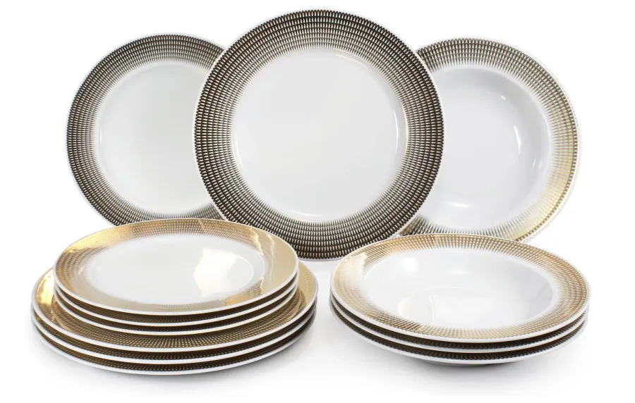 obrazek 1 Nowoczesny 12-elementowy zestaw talerzy z porcelany ze złotym zdobieniem z  kolekcji Angel wings – Leander