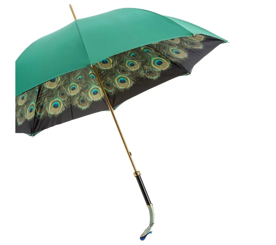 obrazek 6 Luksusowy turkusowy parasol damski zdobiony motywem piór pawia z piękną rączką w kształcie pawia - Pasotti