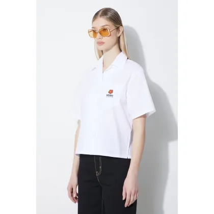 Zdjęcie Kenzo koszula bawełniana Boke Cropped Hawaiian Shirt damska kolor biały relaxed z kołnierzykiem klasycznym FE52CH0669LH.01