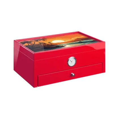Picture A cedar cigar humidor decorated with a view of a Caribbean beach