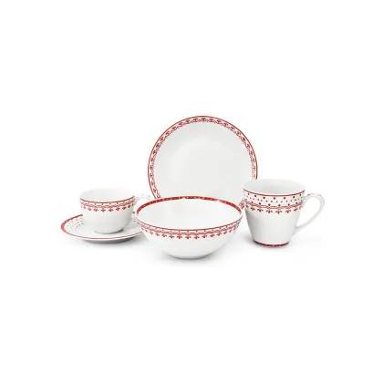 Zdjęcie Piękny 5-elementowy zestaw śniadaniowy z porcelany w kolorze czerwonym zdobiony subtelnym motywem – wariant 1 – Leander