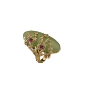 Picture 18K Gold Plated Silver Ring White Cubic Zircons Natural Ruby Green Hydrothermal Oval Quartz Stones