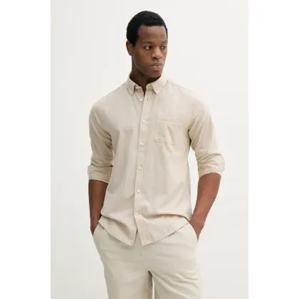 Zdjęcie Barbour koszula lniana kolor beżowy slim z kołnierzykiem button-down