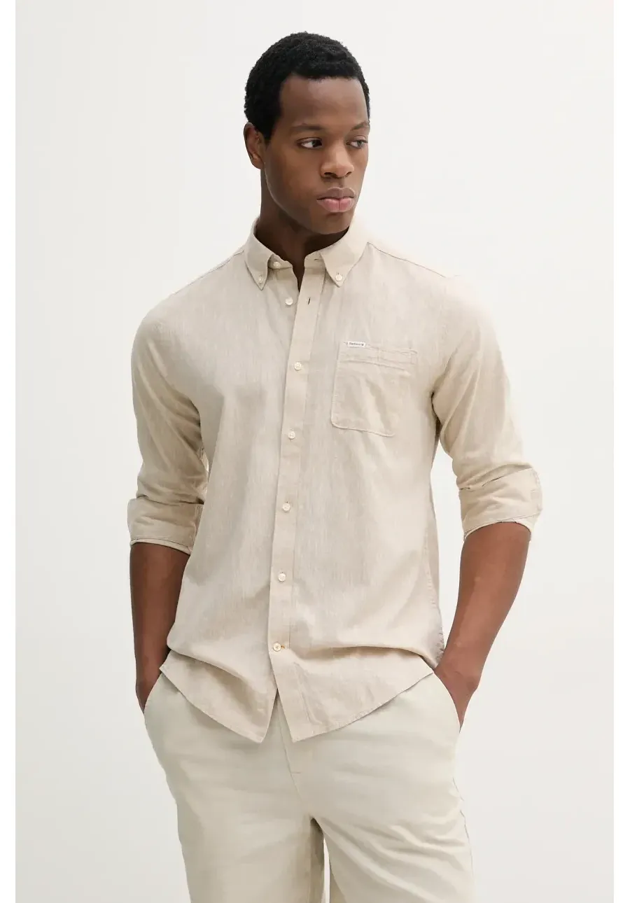 obrazek 1 Barbour koszula lniana kolor beżowy slim z kołnierzykiem button-down