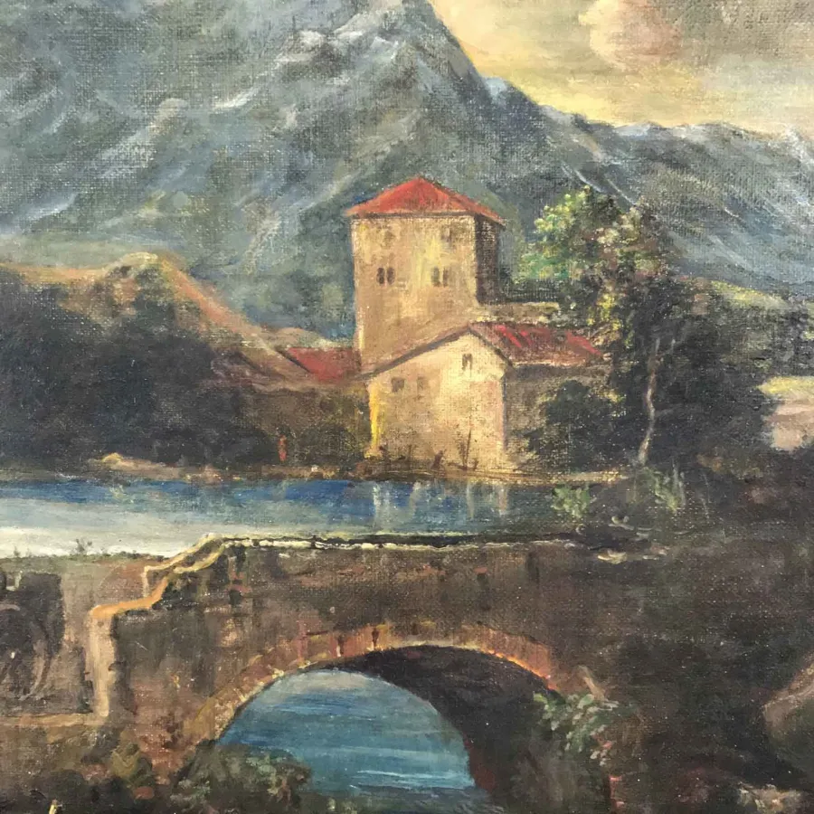 obrazek 5 Podgórski krajobraz z mostem nad rzeką na pierwszym planie, przez który jedzie rydwan 1980