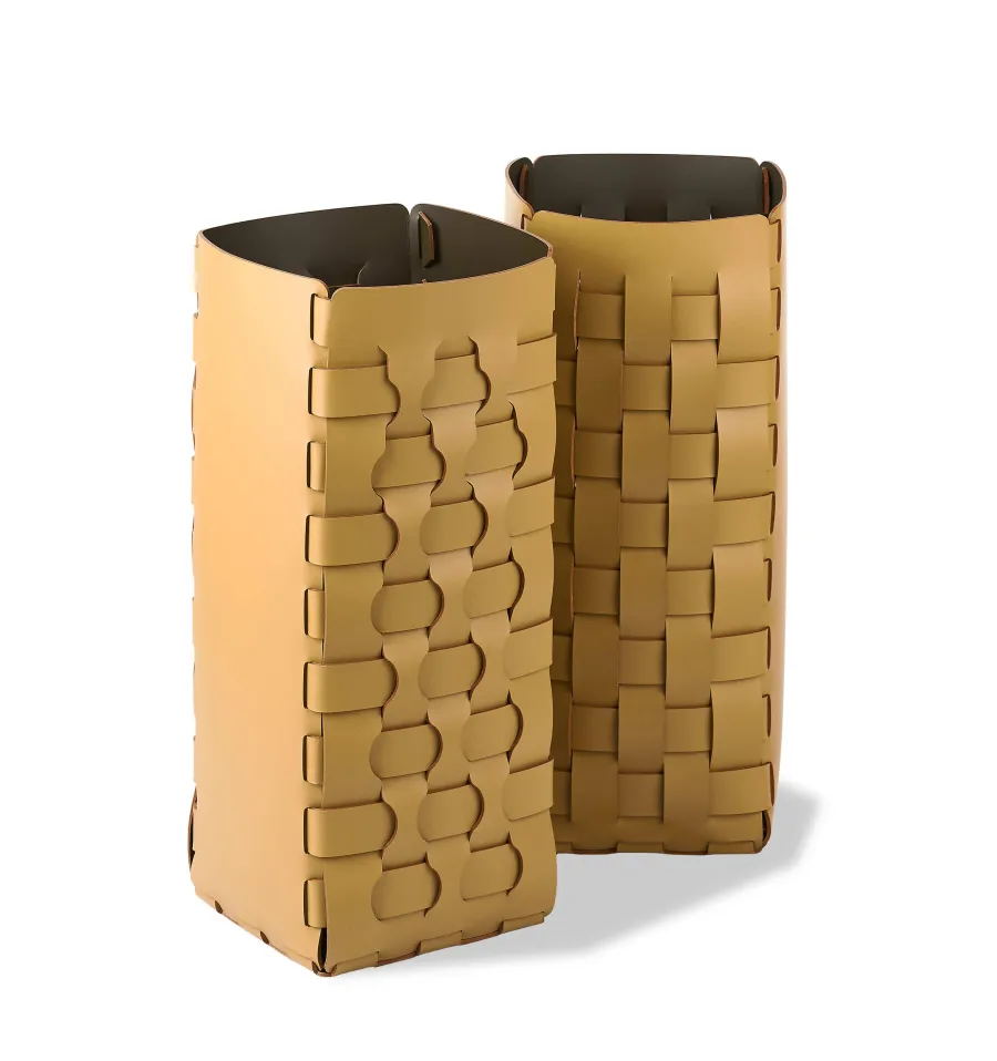obrazek 2 Skórzany pleciony kosz na parasole 20x20xH51 cm w kolorze musztardowym