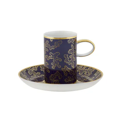 Picture Navy blue porcelain coffee cup with stand Caillouté with gold motif - Vista Alegre